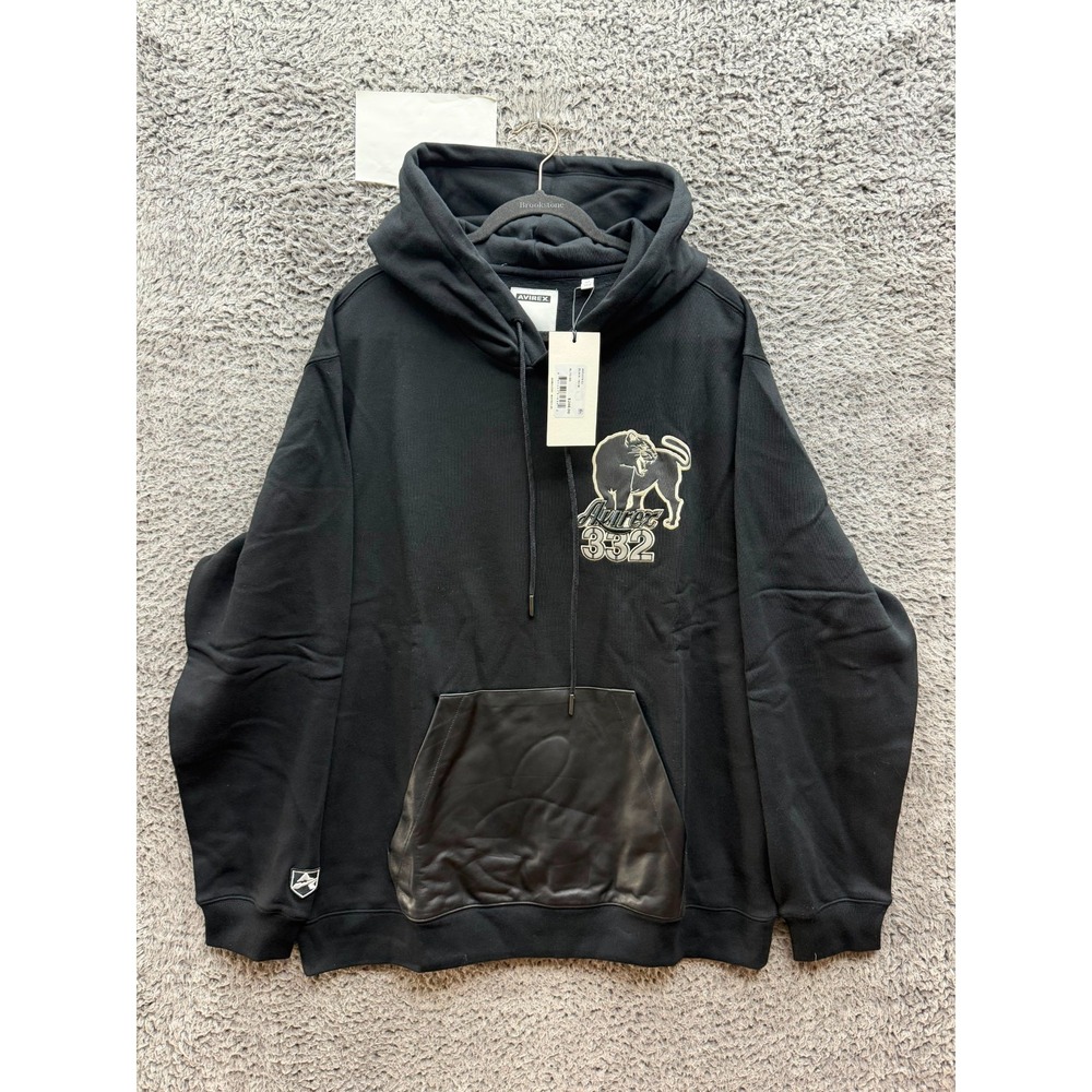 NWT Avirex 332 Black Aces Fleece Pullover Hoodie w/ Leather Pocket Mens Size XL